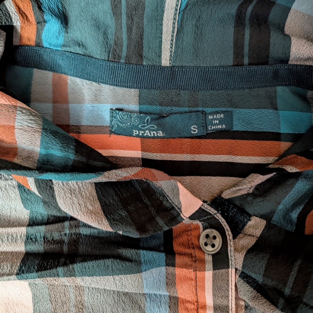 Prana Plaid Hooded Blouse - Teal, Orange, Gray - Picture 5 of 6